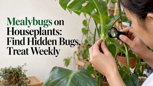 Hand lens reveals mealybugs on houseplant leaves